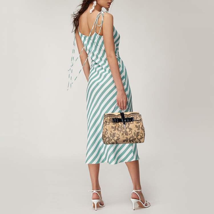 Pre Owned Valentino Beige/Black Raffia, Lace and Patent Leather Top Handle Bag