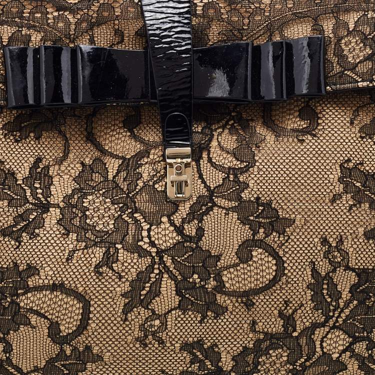Pre Owned Valentino Beige/Black Raffia, Lace and Patent Leather Top Handle Bag
