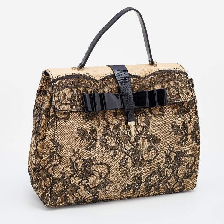 Pre Owned Valentino Beige/Black Raffia, Lace and Patent Leather Top Handle Bag