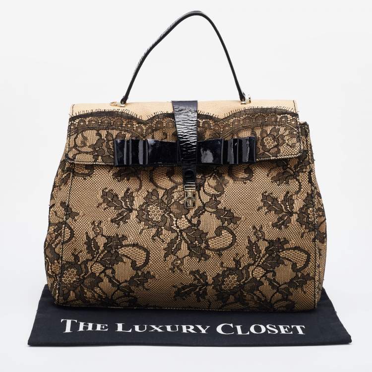 Pre Owned Valentino Beige/Black Raffia, Lace and Patent Leather Top Handle Bag