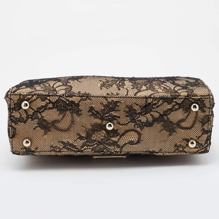 Pre Owned Valentino Beige/Black Raffia, Lace and Patent Leather Top Handle Bag