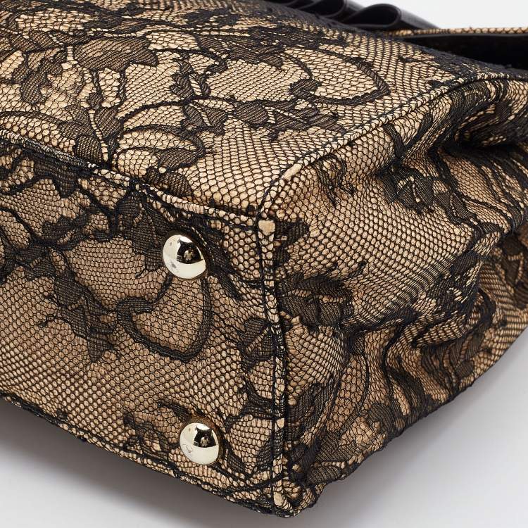 Pre Owned Valentino Beige/Black Raffia, Lace and Patent Leather Top Handle Bag