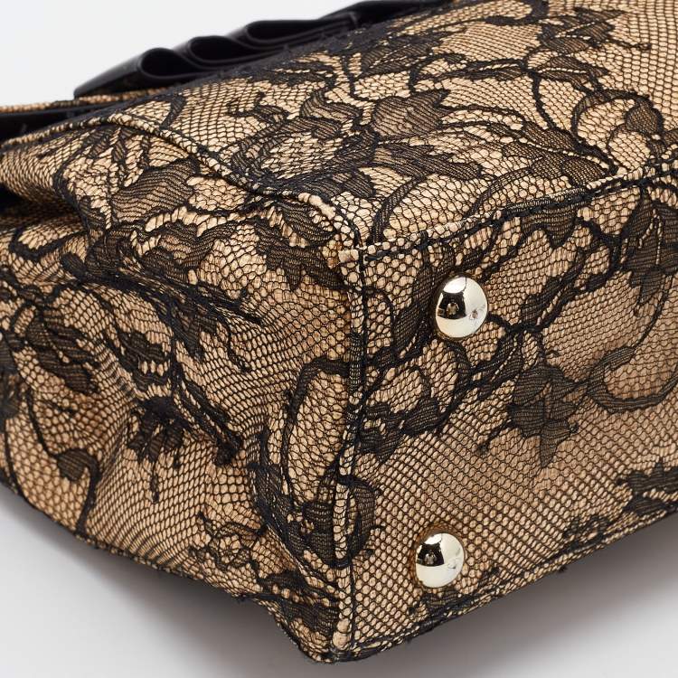 Pre Owned Valentino Beige/Black Raffia, Lace and Patent Leather Top Handle Bag