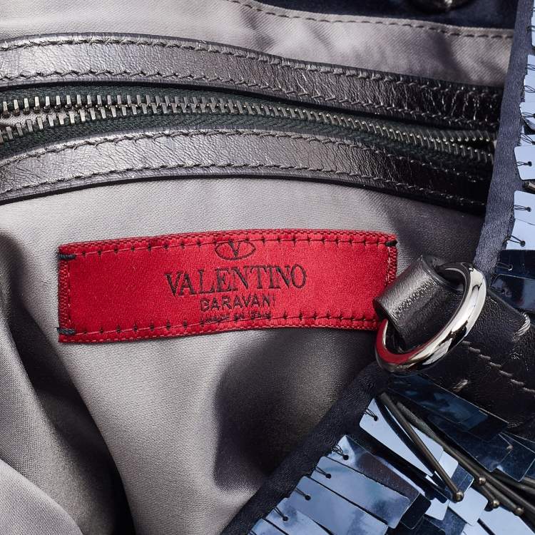 Pre Owned Valentino Blue/Silver Crystal Embellished Satin, Sequins and Leather Shopper Tote