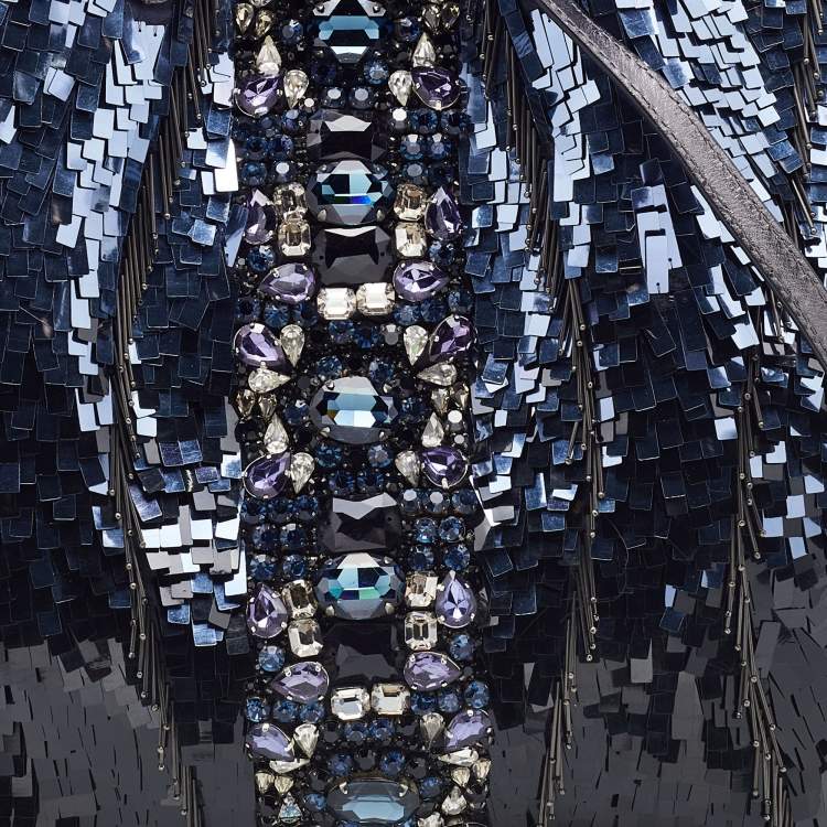 Pre Owned Valentino Blue/Silver Crystal Embellished Satin, Sequins and Leather Shopper Tote