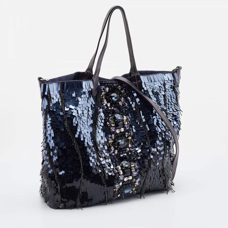 Pre Owned Valentino Blue/Silver Crystal Embellished Satin, Sequins and Leather Shopper Tote