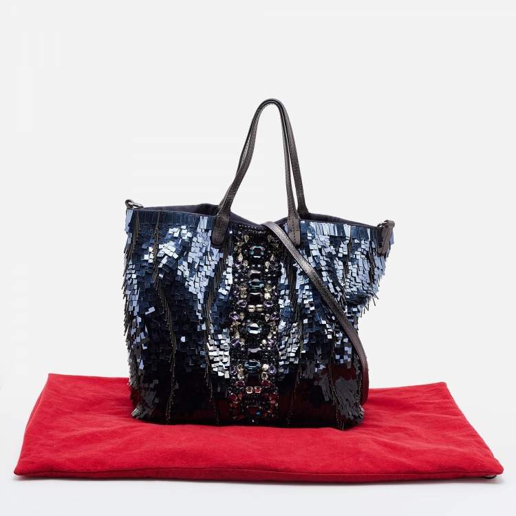 Pre Owned Valentino Blue/Silver Crystal Embellished Satin, Sequins and Leather Shopper Tote