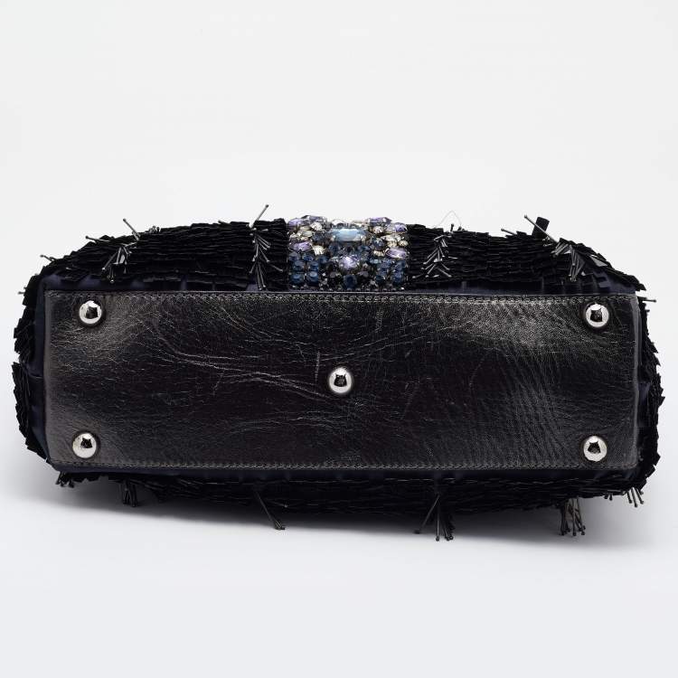 Pre Owned Valentino Blue/Silver Crystal Embellished Satin, Sequins and Leather Shopper Tote