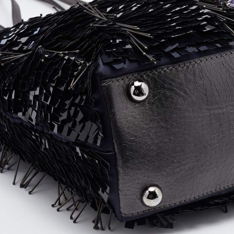 Pre Owned Valentino Blue/Silver Crystal Embellished Satin, Sequins and Leather Shopper Tote