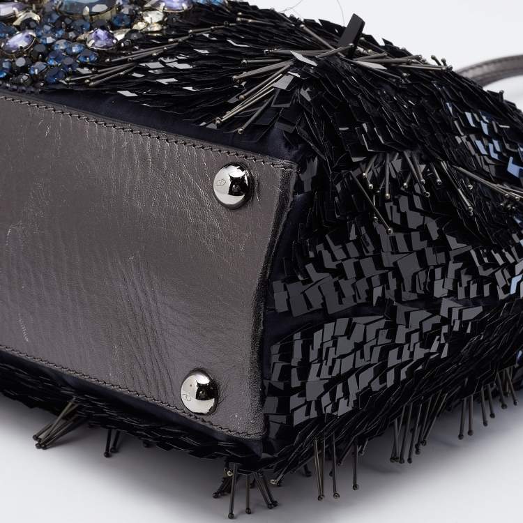 Pre Owned Valentino Blue/Silver Crystal Embellished Satin, Sequins and Leather Shopper Tote