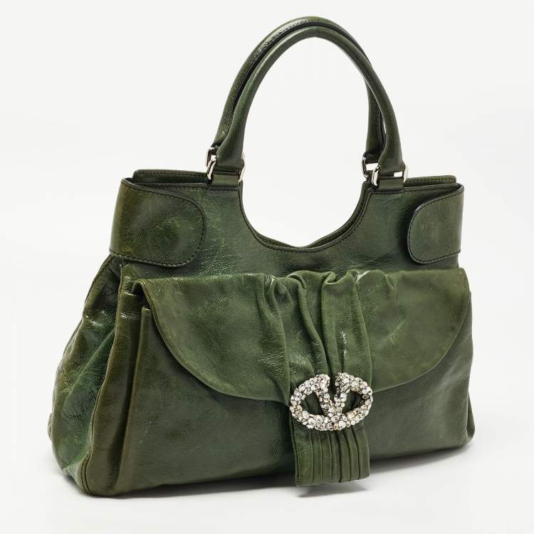 Pre Owned Valentino Green Glossy Leather Crystal Embellished Catch Tote