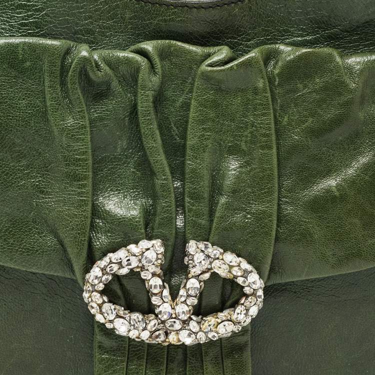 Pre Owned Valentino Green Glossy Leather Crystal Embellished Catch Tote