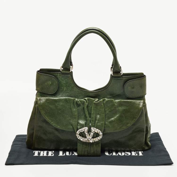 Pre Owned Valentino Green Glossy Leather Crystal Embellished Catch Tote