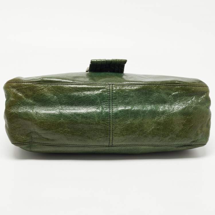 Pre Owned Valentino Green Glossy Leather Crystal Embellished Catch Tote