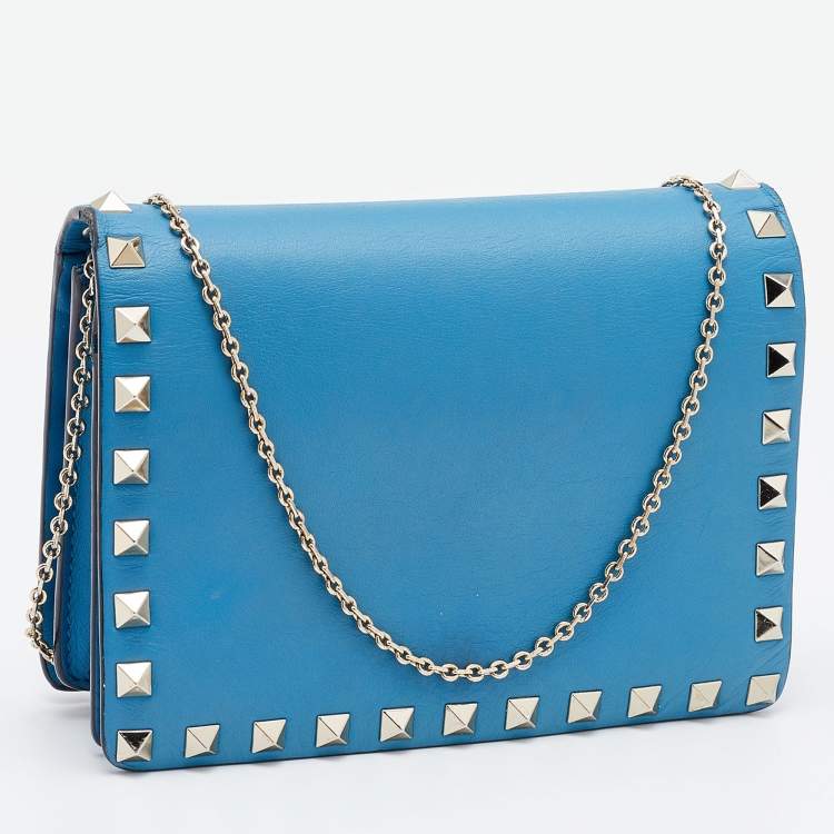 Pre Owned Valentino Blue Leather Flap Rockstud Wallet on Chain