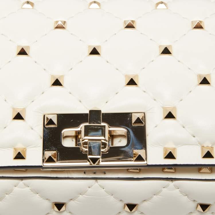 Pre Owned Valentino White Quilted Leather Rockstud Spike Top Handle Bag