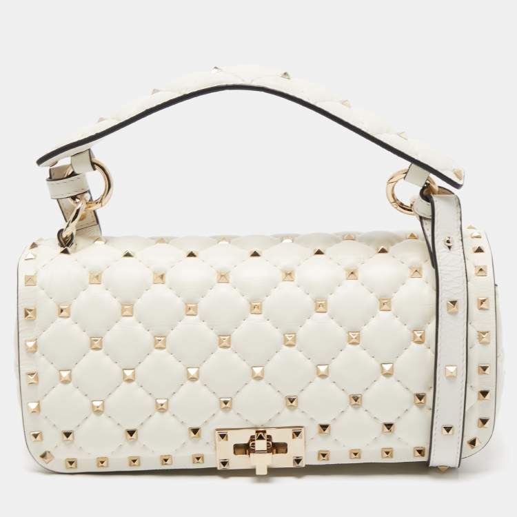 Pre Owned Valentino White Quilted Leather Rockstud Spike Top Handle Bag