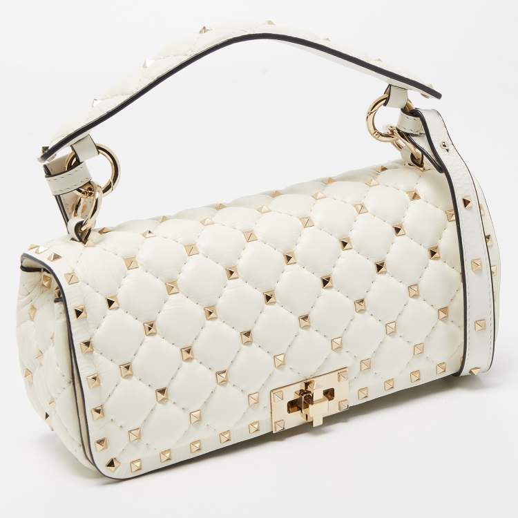 Pre Owned Valentino White Quilted Leather Rockstud Spike Top Handle Bag