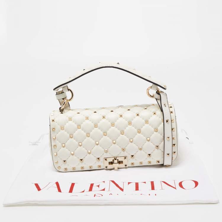 Pre Owned Valentino White Quilted Leather Rockstud Spike Top Handle Bag