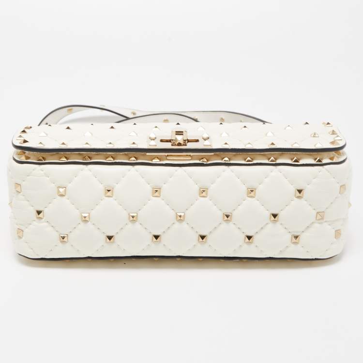 Pre Owned Valentino White Quilted Leather Rockstud Spike Top Handle Bag