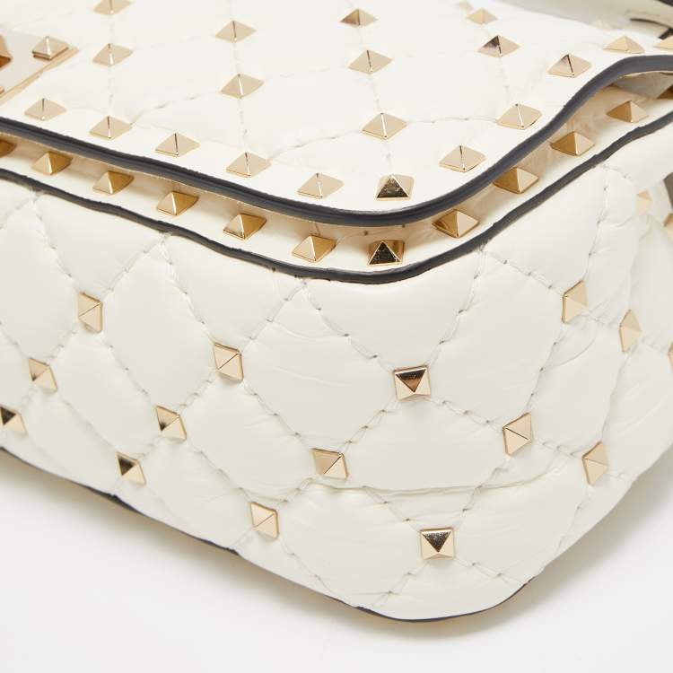 Pre Owned Valentino White Quilted Leather Rockstud Spike Top Handle Bag