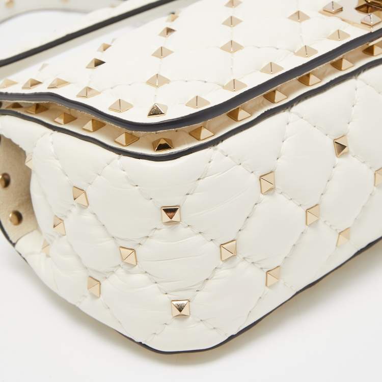 Pre Owned Valentino White Quilted Leather Rockstud Spike Top Handle Bag