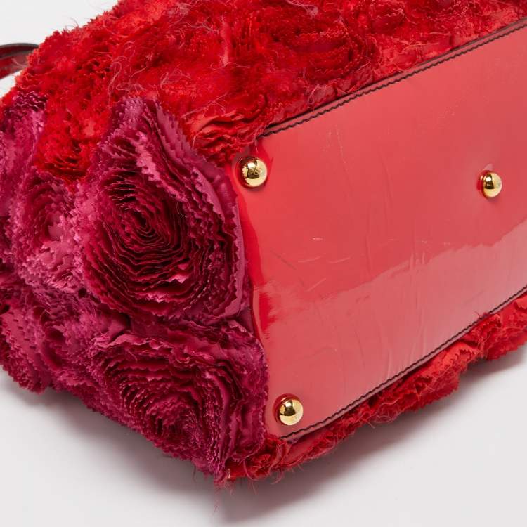 Pre Owned Valentino Red/Pink Silk And Patent Leather Rosier Tote