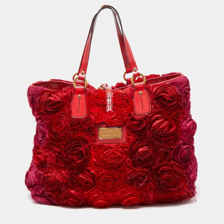 Pre Owned Valentino Red/Pink Silk And Patent Leather Rosier Tote