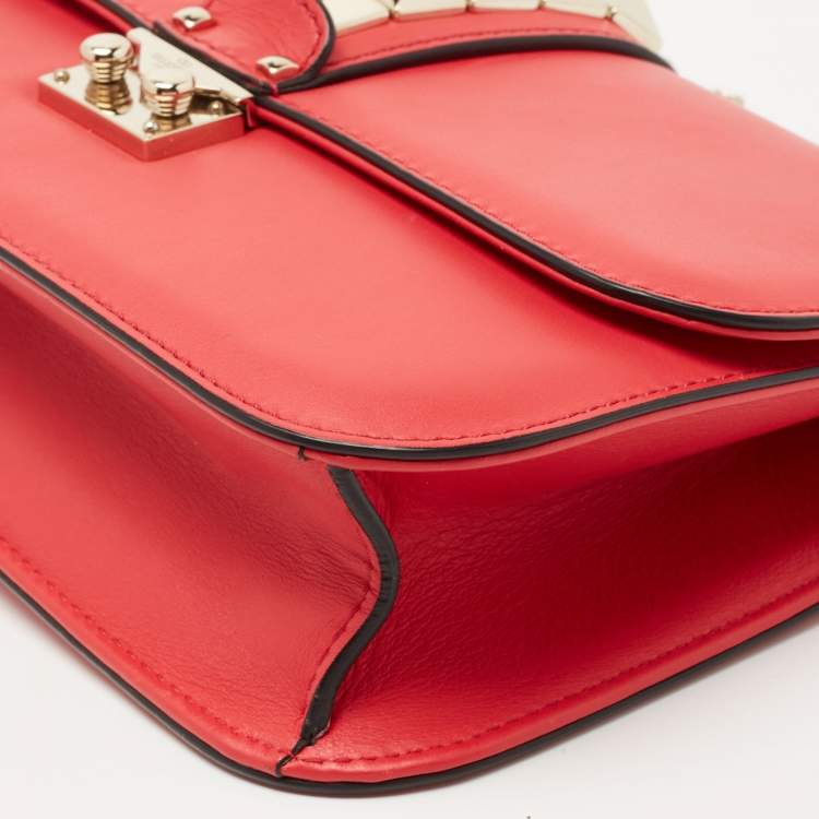 Pre Owned Valentino Coral Red Leather Medium Glam Lock Chain Shoulder Bag