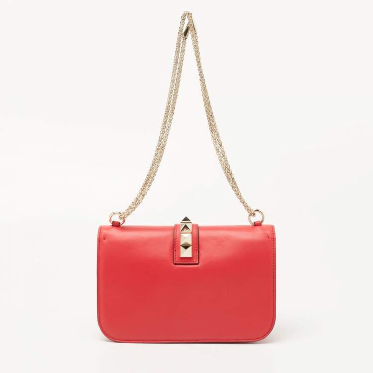 Pre Owned Valentino Coral Red Leather Medium Glam Lock Chain Shoulder Bag