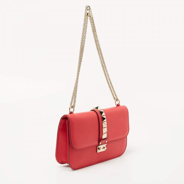 Pre Owned Valentino Coral Red Leather Medium Glam Lock Chain Shoulder Bag