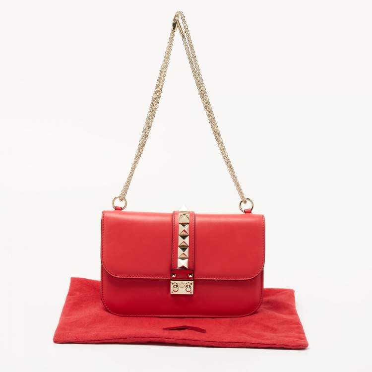 Pre Owned Valentino Coral Red Leather Medium Glam Lock Chain Shoulder Bag