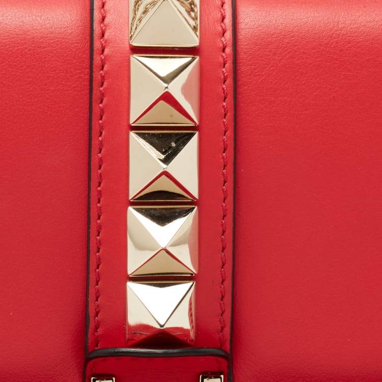 Pre Owned Valentino Coral Red Leather Medium Glam Lock Chain Shoulder Bag