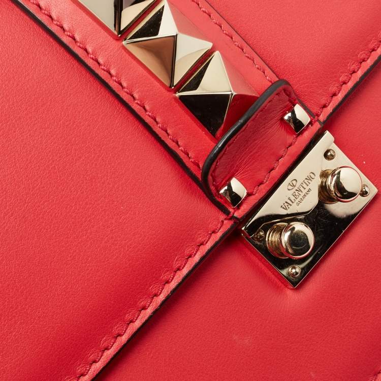 Pre Owned Valentino Coral Red Leather Medium Glam Lock Chain Shoulder Bag