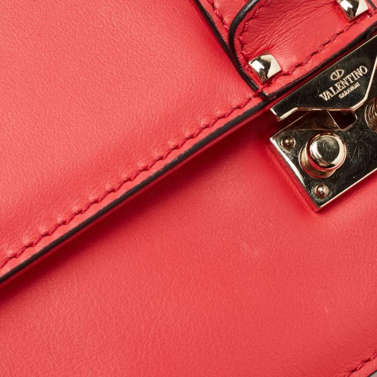 Pre Owned Valentino Coral Red Leather Medium Glam Lock Chain Shoulder Bag