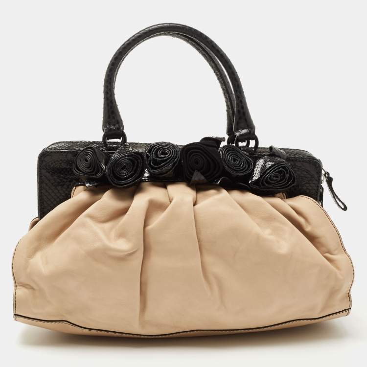 Valentino Beige/Black Leather and Watersnake Lacca Fleur Frame Satchel ...