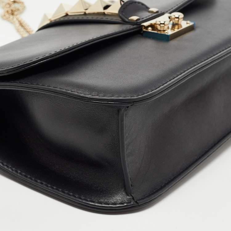 Pre Owned Valentino Black Leather Medium Glam Lock Chain Shoulder Bag