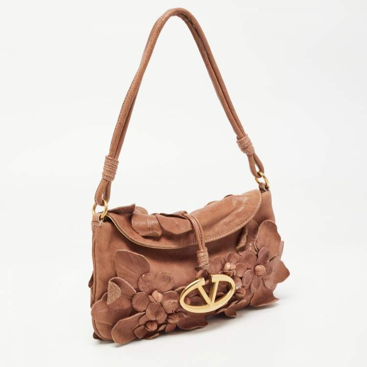 Pre Owned Valentino Brown Floral Applique Leather Vlogo Baguette Bag
