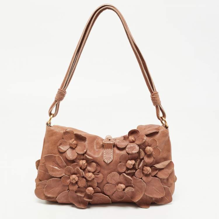Pre Owned Valentino Brown Floral Applique Leather Vlogo Baguette Bag