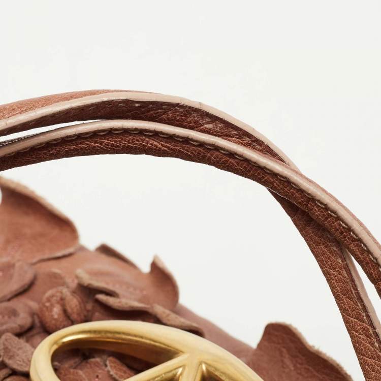 Pre Owned Valentino Brown Floral Applique Leather Vlogo Baguette Bag