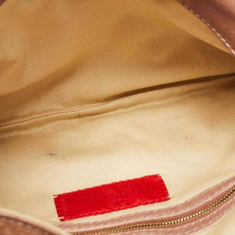 Pre Owned Valentino Brown Floral Applique Leather Vlogo Baguette Bag