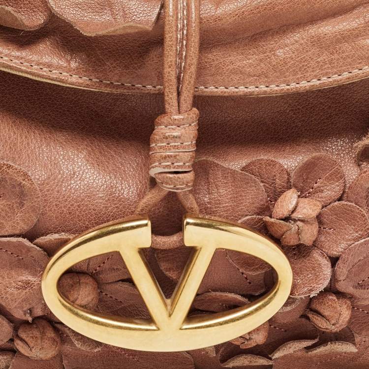 Pre Owned Valentino Brown Floral Applique Leather Vlogo Baguette Bag