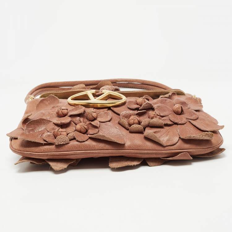 Pre Owned Valentino Brown Floral Applique Leather Vlogo Baguette Bag