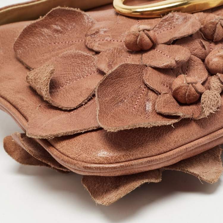 Pre Owned Valentino Brown Floral Applique Leather Vlogo Baguette Bag