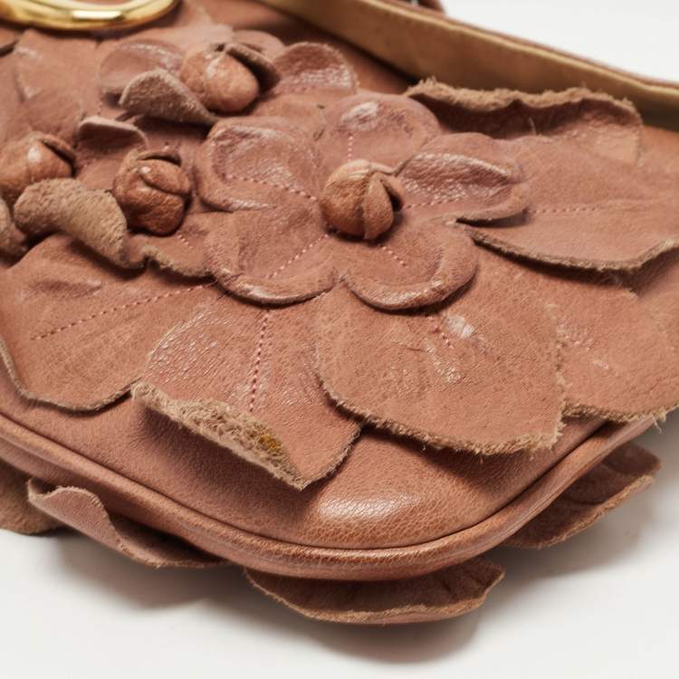 Pre Owned Valentino Brown Floral Applique Leather Vlogo Baguette Bag