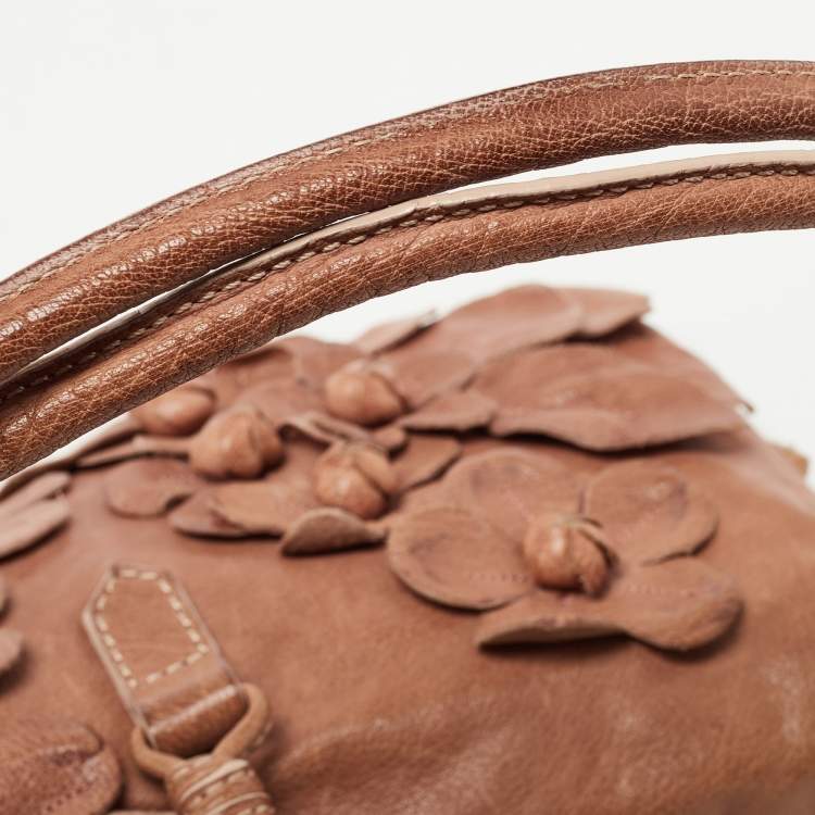 Pre Owned Valentino Brown Floral Applique Leather Vlogo Baguette Bag