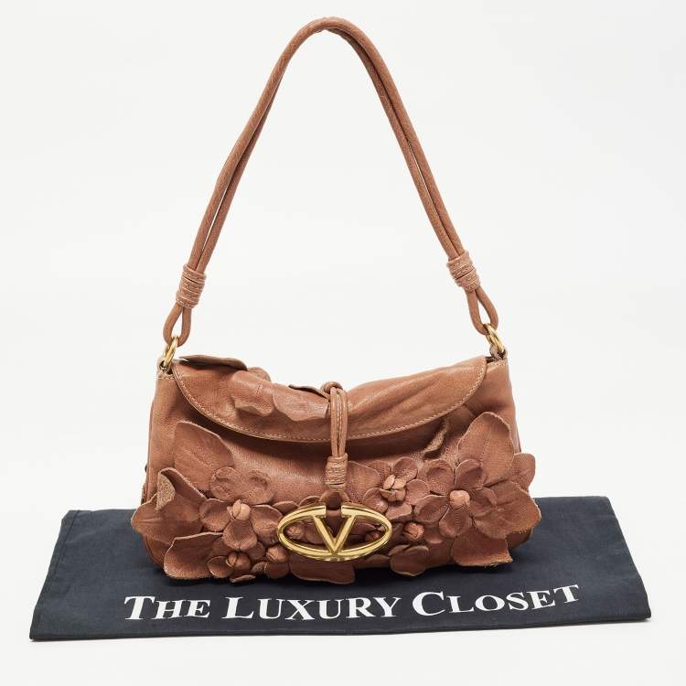 Pre Owned Valentino Brown Floral Applique Leather Vlogo Baguette Bag