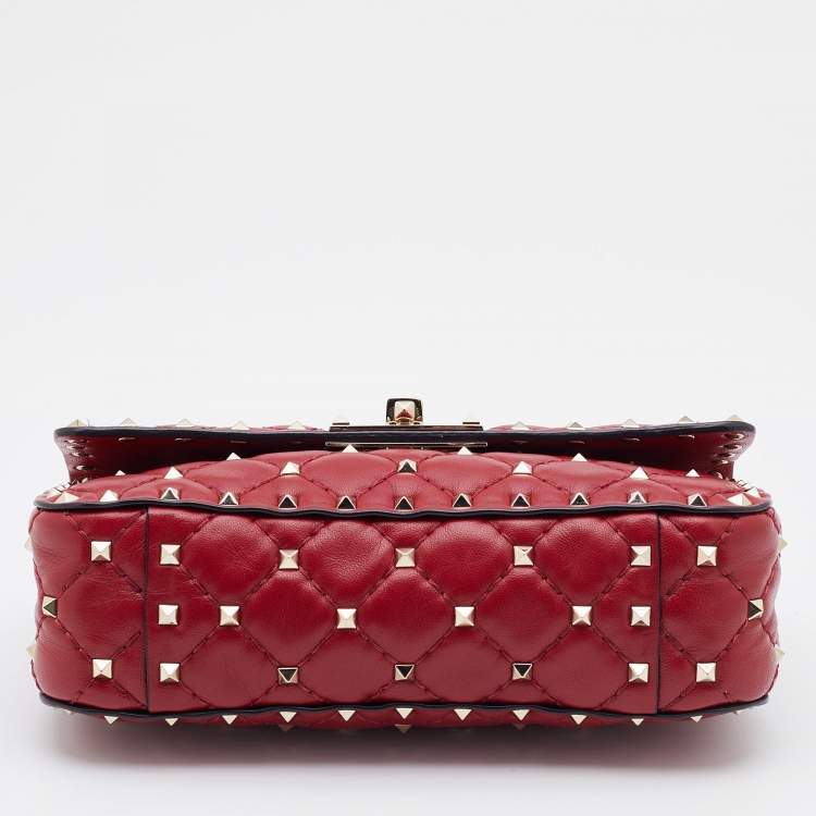 Pre Owned Valentino Red Quilted Leather Small Rockstud Spike Chain Shoulder Bag