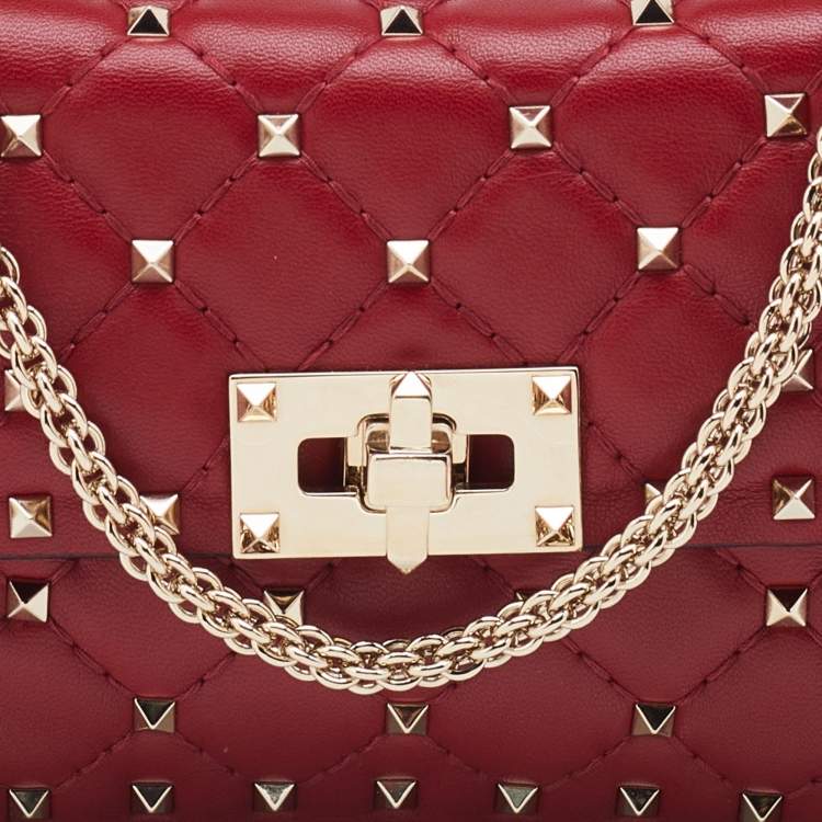 Pre Owned Valentino Red Quilted Leather Small Rockstud Spike Chain Shoulder Bag