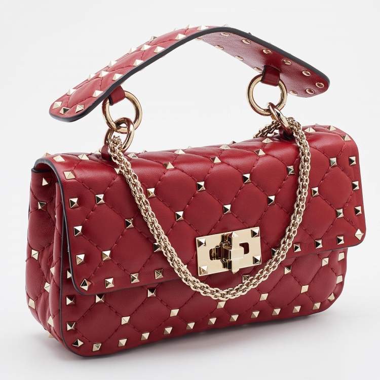 Pre Owned Valentino Red Quilted Leather Small Rockstud Spike Chain Shoulder Bag